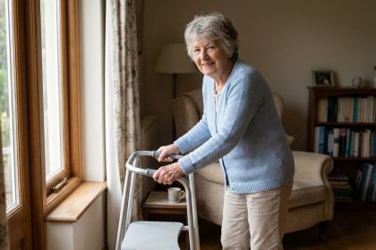 Femme senior souriante utilisant un déambulateur dans un salon chaleureux