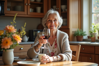Femme senior dégustant un verre de vin rouge dans la cuisine chaleureuse