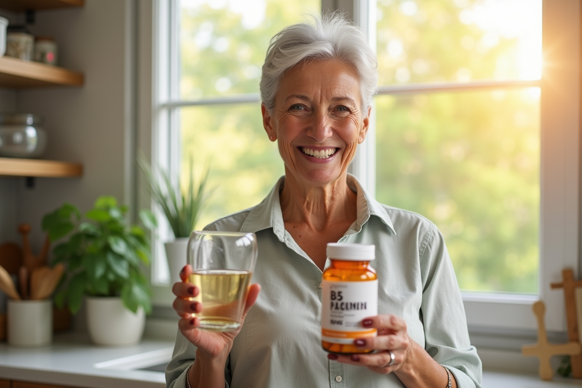 Femme senior souriante dans une cuisine lumineuse tenant vitamine B5