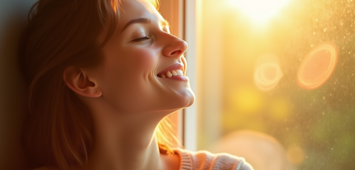 Jeune femme au soleil près d'une fenêtre ensoleillée