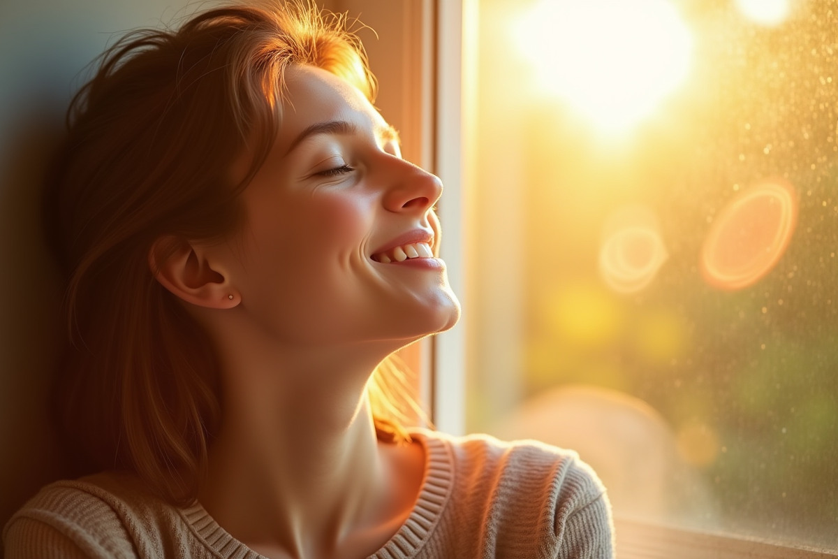 Jeune femme au soleil près d'une fenêtre ensoleillée