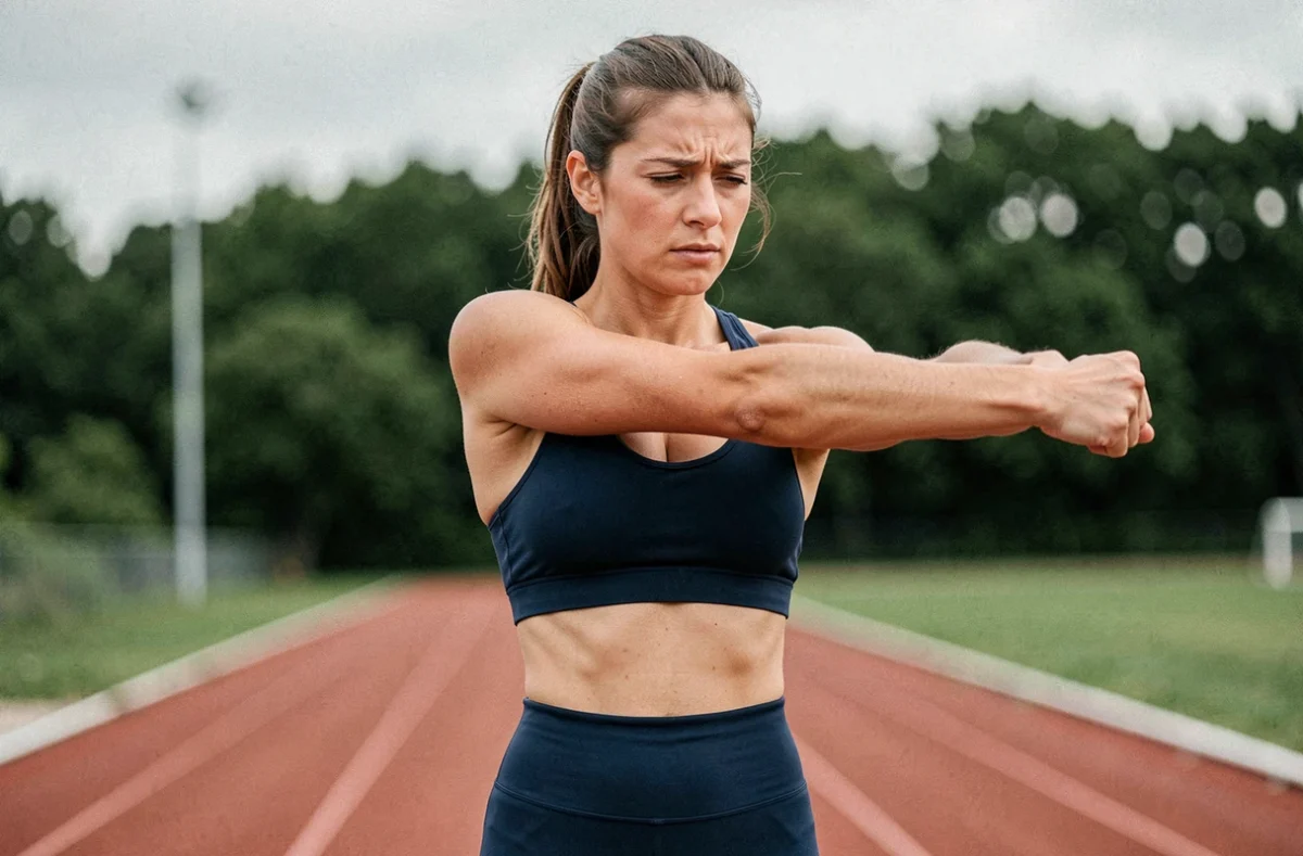Femme sportive débutante s'étirant le bras gauche sur une piste d'athlétisme pour soulager une douleur musculaire après l'effort