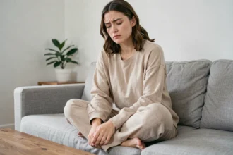 Femme stressée assise sur un canapé, illustrant le lien entre stress et démangeaisons intimes