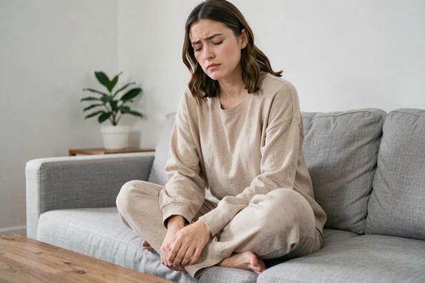 Femme stressée assise sur un canapé, illustrant le lien entre stress et démangeaisons intimes