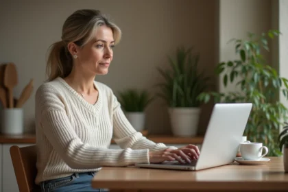 Femme assise à une table cuisine en train de naviguer en ligne