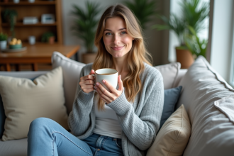 Femme détendue sirotant du thé au salon cosy