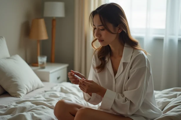 Femme tenant un test de grossesse négatif assise sur un lit, l'air inquiète et pensive
