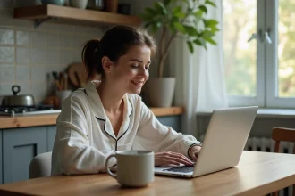 Jeune femme en pyjama utilisant un ordinateur portable à la maison