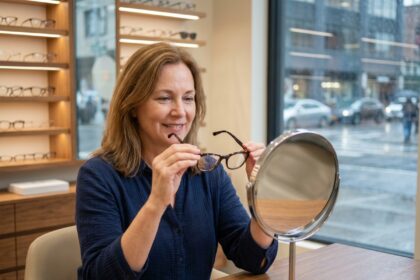 Femme d'âge moyen essayant des lunettes opticien