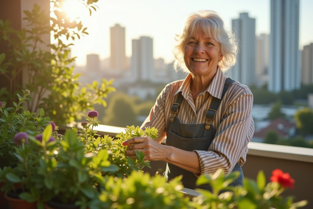 Femme agee jardinant sur balcon ensoleille