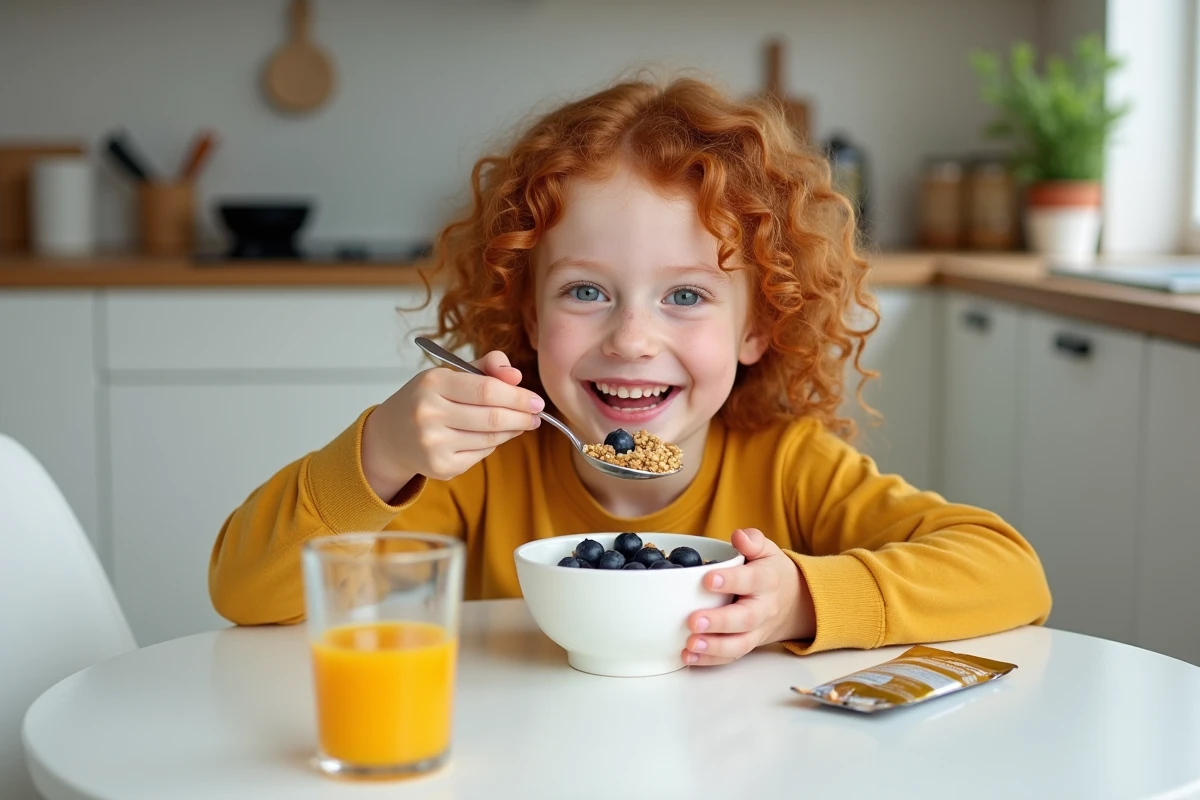 Fillette souriante mangeant un yaourt aux probiotiques avec une dose de supplément probiotique en sachet sur une table scandinave