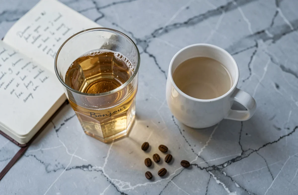 Vue de dessus d'un verre de Bonjour boisson et d'une tasse de café sur marbre gris avec un journal et des grains de café, illustrant une routine matinale équilibrée