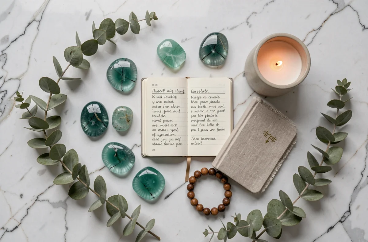 Disposition de pierres d'amazonite polie avec journal d'intentions et bougies pour la loi de l'attraction