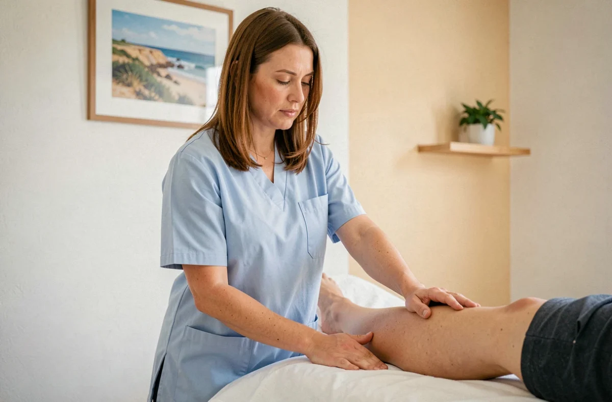 Florie Pouvreau, ostéopathe à Royan, effectuant un étirement de la jambe d'un patient allongé