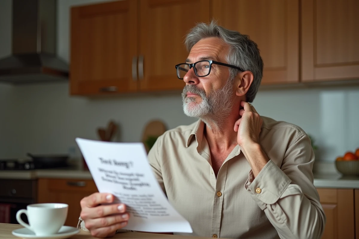 Homme d'âge mûr consultant une brochure médicale sur les ganglions sous la mâchoire à la maison