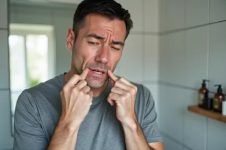 Homme adulte palpant un ganglion douloureux sous la mâchoire dans une salle de bain domestique