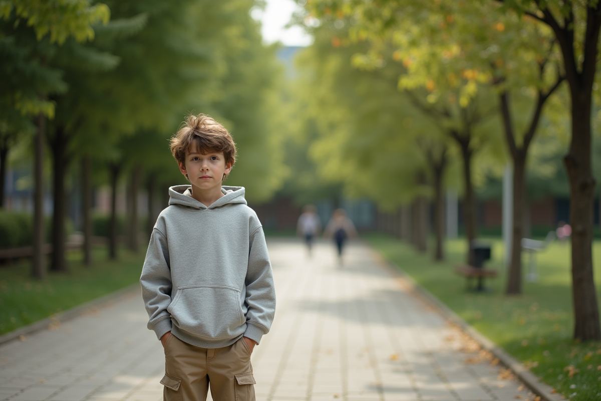 Garçon dehors dans un parc urbain ombragé en tenue décontractée