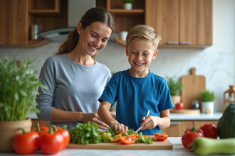 Garçon souriant préparant une salade de légumes dans la cuisine