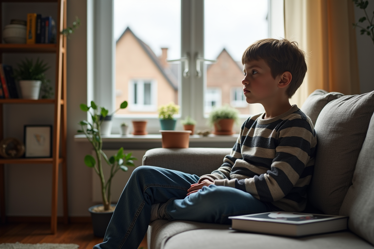 Garçon assis sur un canapé regardant par la fenêtre
