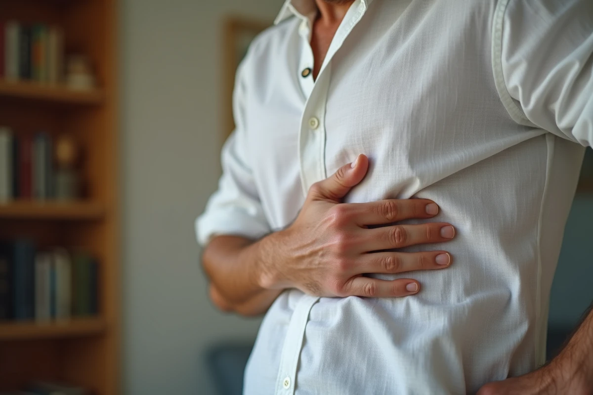 Gros plan sur la main d'un homme posée sur ses côtes, illustrant la douleur localisée caractéristique d'une fracture costale incomplète