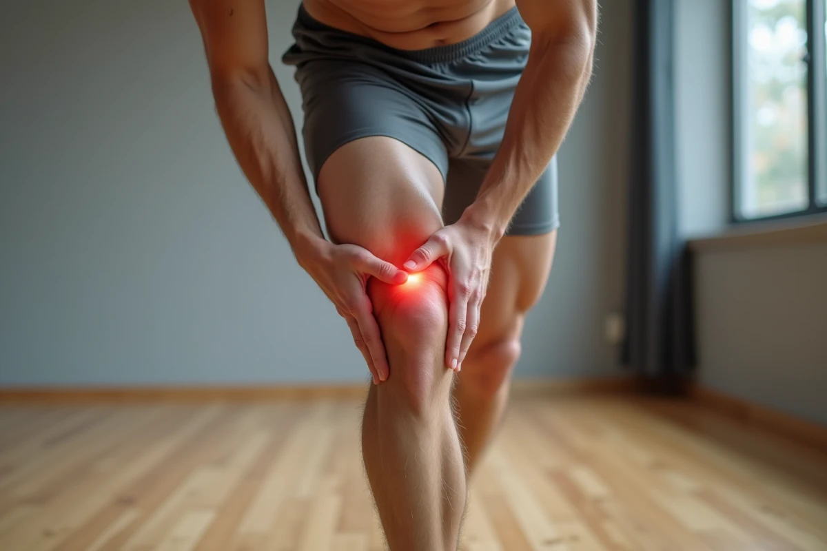 Gros plan sur le genou intérieur d'un sportif marquant la zone de la patte d'oie dans une salle de sport