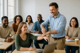 Groupe divers participant en atelier de kinesiology en classe lumineuse