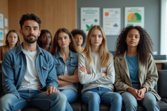 Groupe divers d'adultes et enfants en salle d'attente médicale
