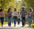 Groupe divers marche dans un parc ensoleille