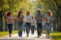Groupe divers marche dans un parc ensoleille