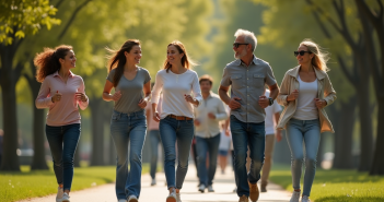 Groupe divers marche dans un parc ensoleille