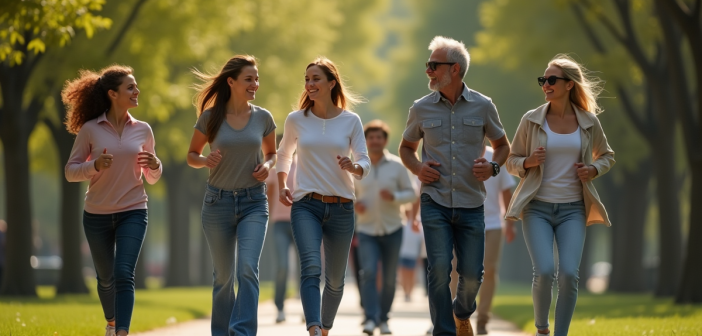 Groupe divers marche dans un parc ensoleille