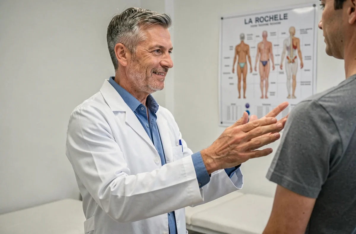 Guillaume Vasseneix, ostéopathe à La Rochelle, évaluant la posture d'un patient debout dans son cabinet