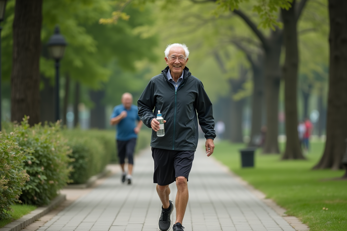 Homme âgé en marche dans un parc vert ensoleillé