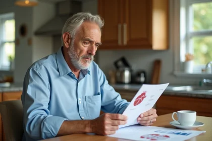 Homme senior réfléchissant en lisant des documents médicaux