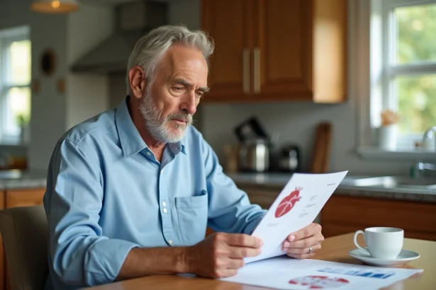 Homme senior réfléchissant en lisant des documents médicaux