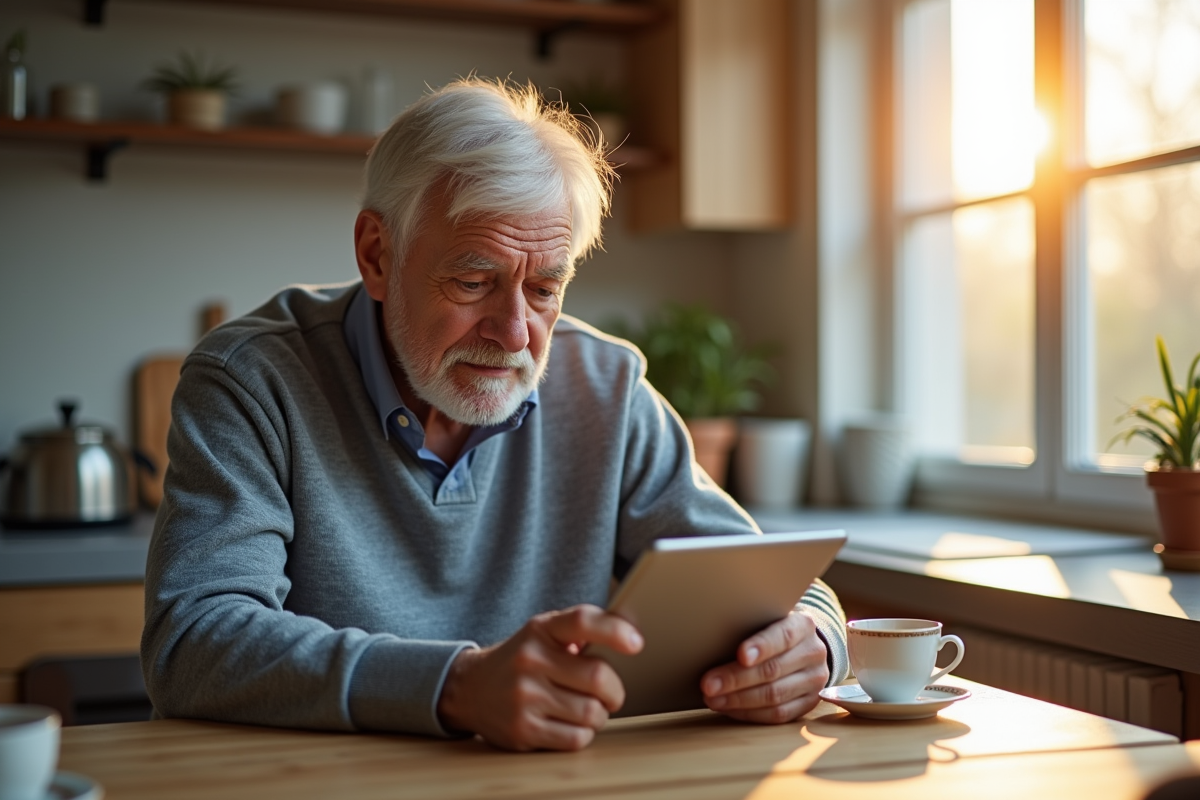 Homme agee utilisant tablette dans cuisine lumineuse