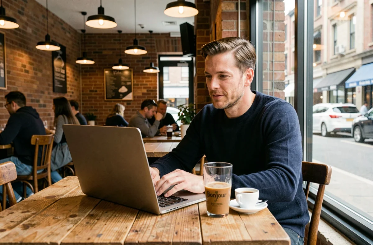 Homme travaillant dans un café avec un verre de Bonjour boisson et un espresso sur la table, montrant l'intégration de la boisson dans une pause café urbaine