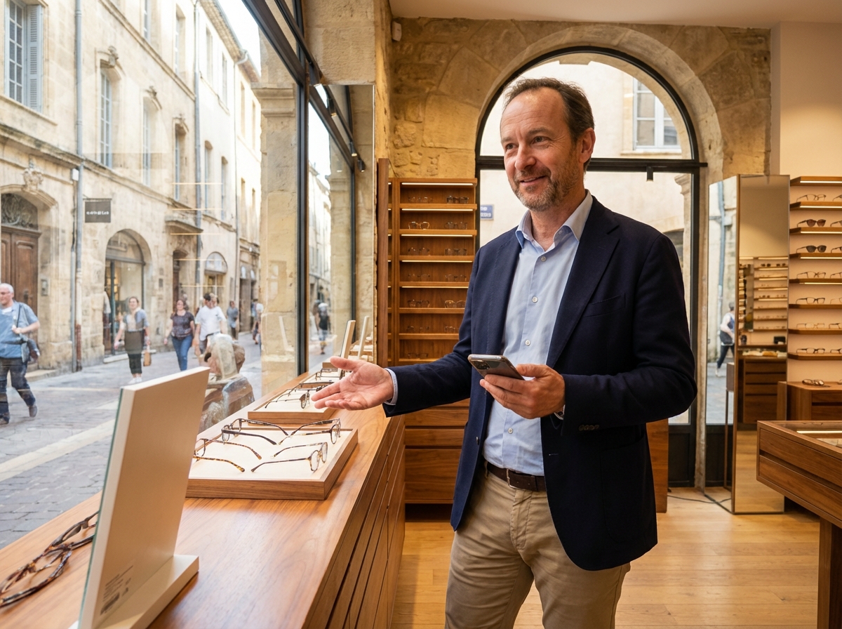 Homme regardant des montures dans une boutique d