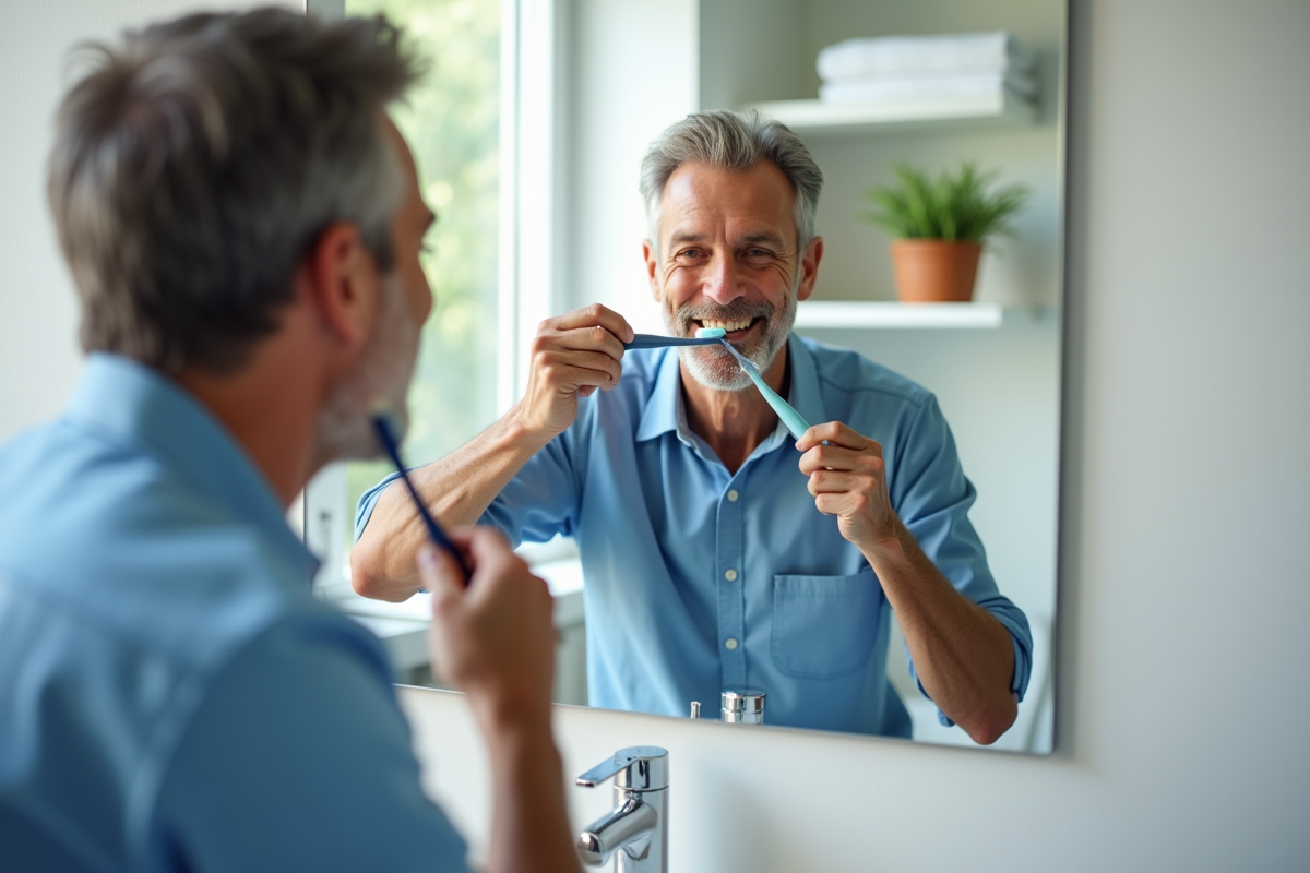 Homme souriant se brossant les dents avec un mélange maison dans une salle de bain lumineuse