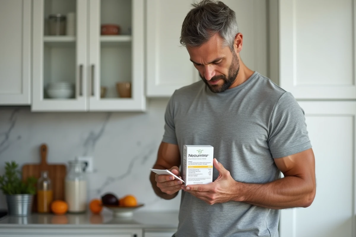 Homme lisant les conseils d'utilisation d'un produit Nourix dans une cuisine moderne
