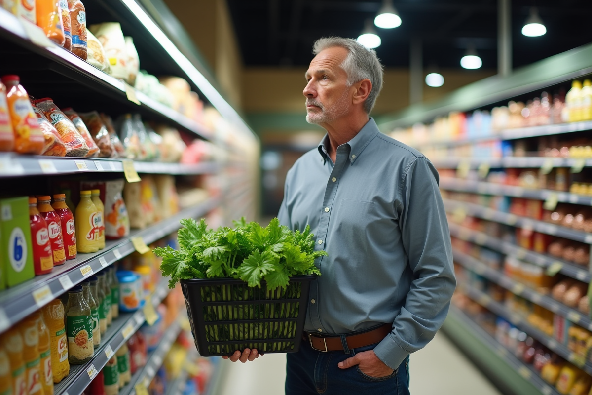 Homme dans une épicerie choisissant des produits frais