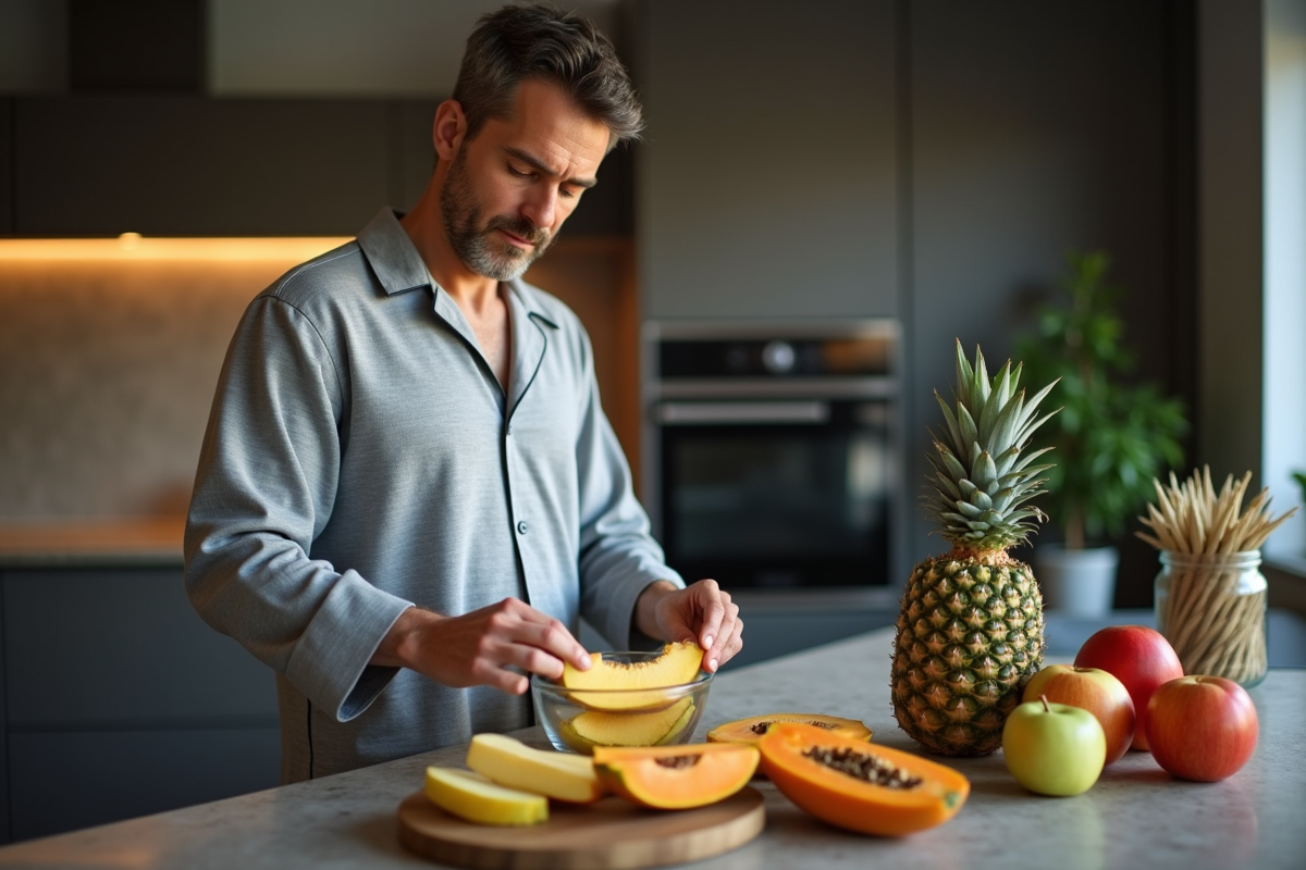 Homme en vêtements de nuit préparant un plateau de fruits