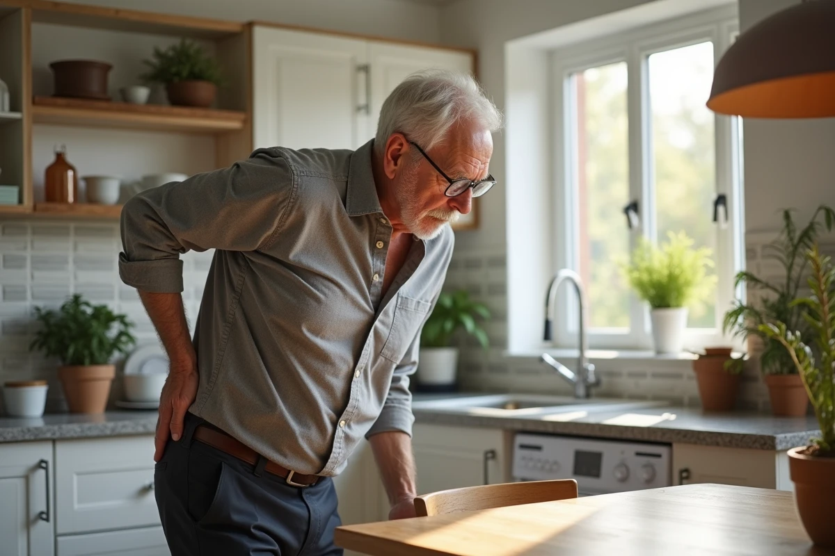 Homme âgé soutenant son dos dans une cuisine moderne