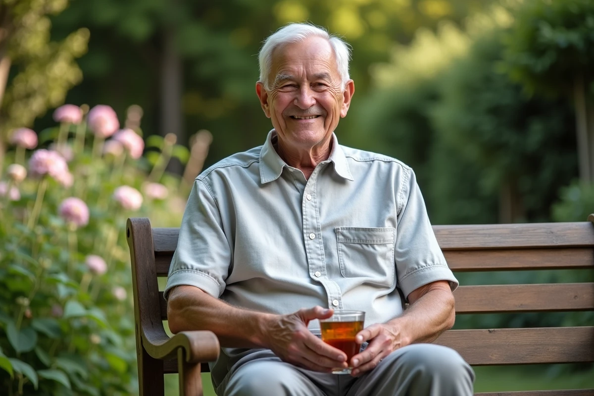 Homme agee souriant avec infusion dans le jardin