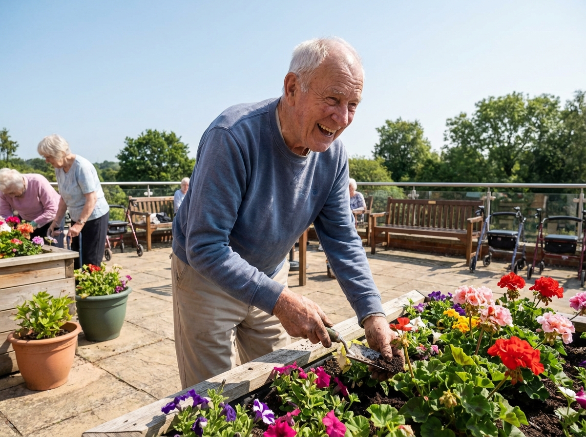 Homme âgé riant dans un jardin en terrasse ensoleillée