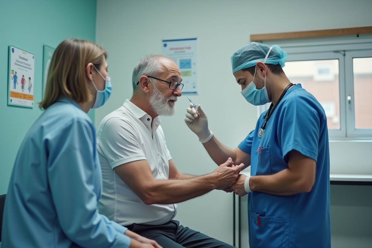 Homme âgé prêt à recevoir un vaccin dans une clinique moderne