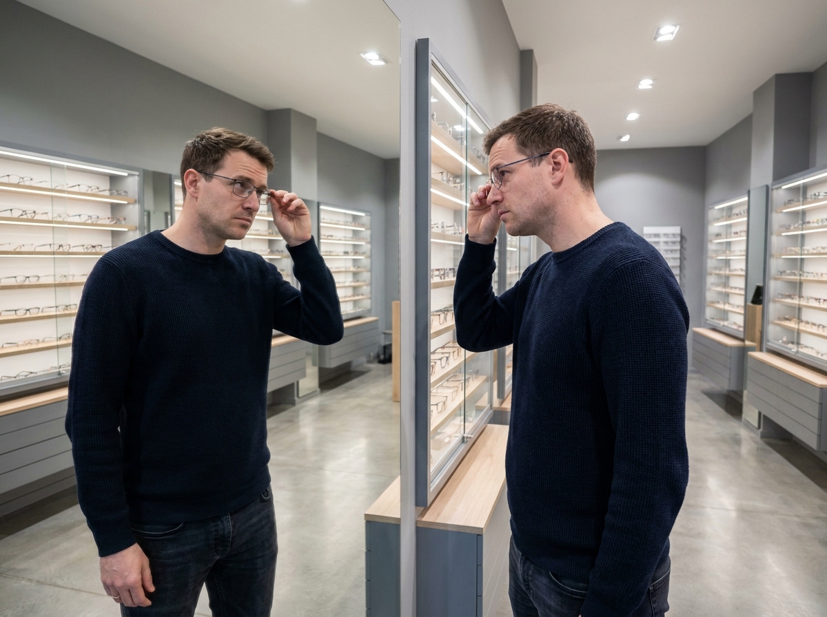 Homme essayant des lunettes devant un miroir dans une boutique d'optique avec des présentoirs de montures en arrière-plan