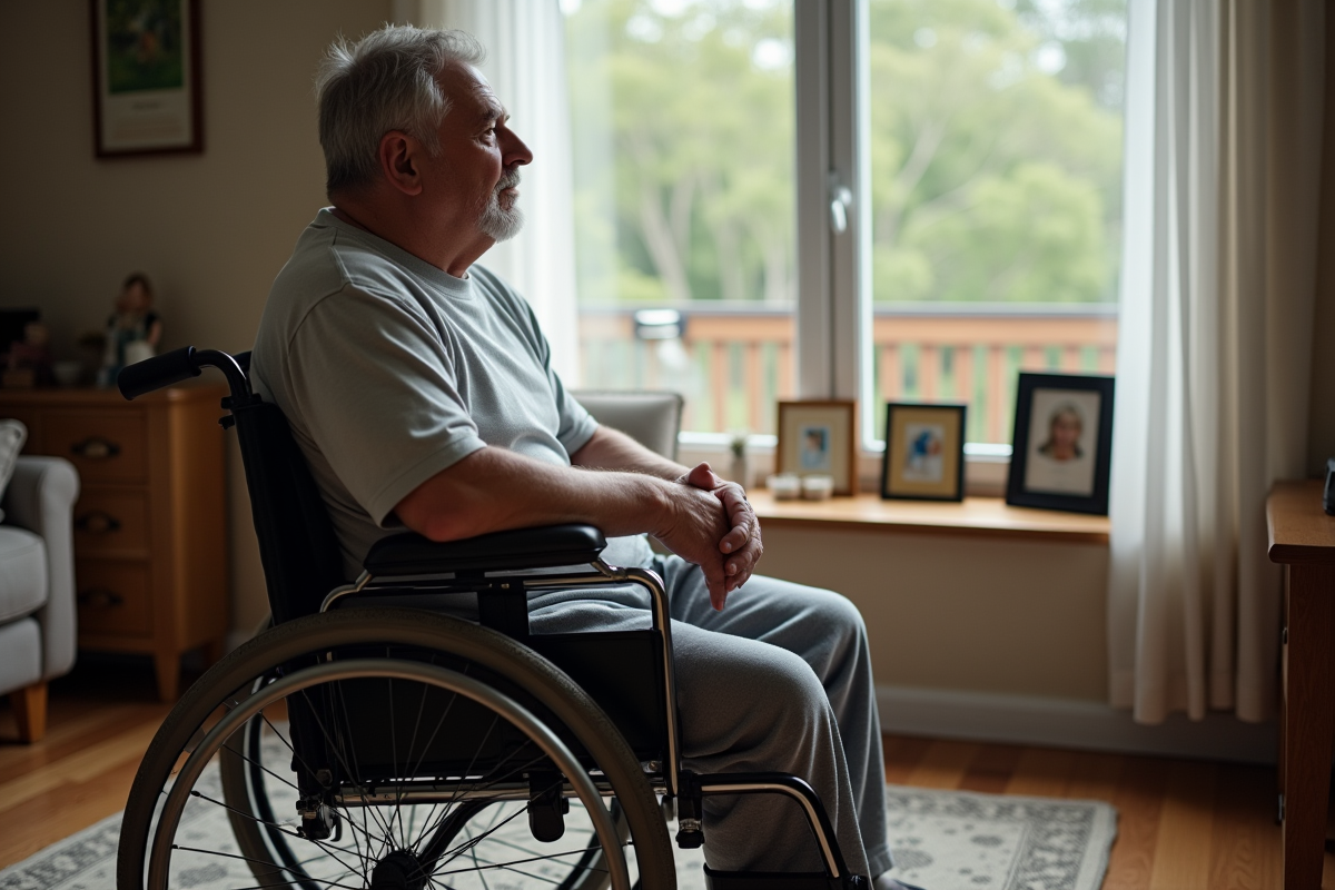 Homme en fauteuil regardant par la fenêtre à la maison