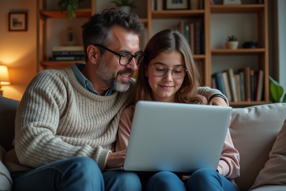 Homme et adolescente discutent devant un ordinateur avec site de génétique