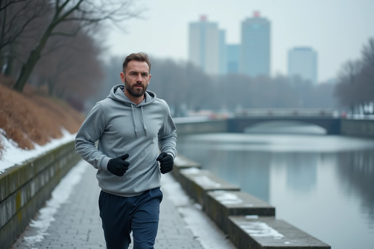 Homme faisant du jogging en hiver au bord de la rivière pour perdre du poids après les fêtes de fin d'année